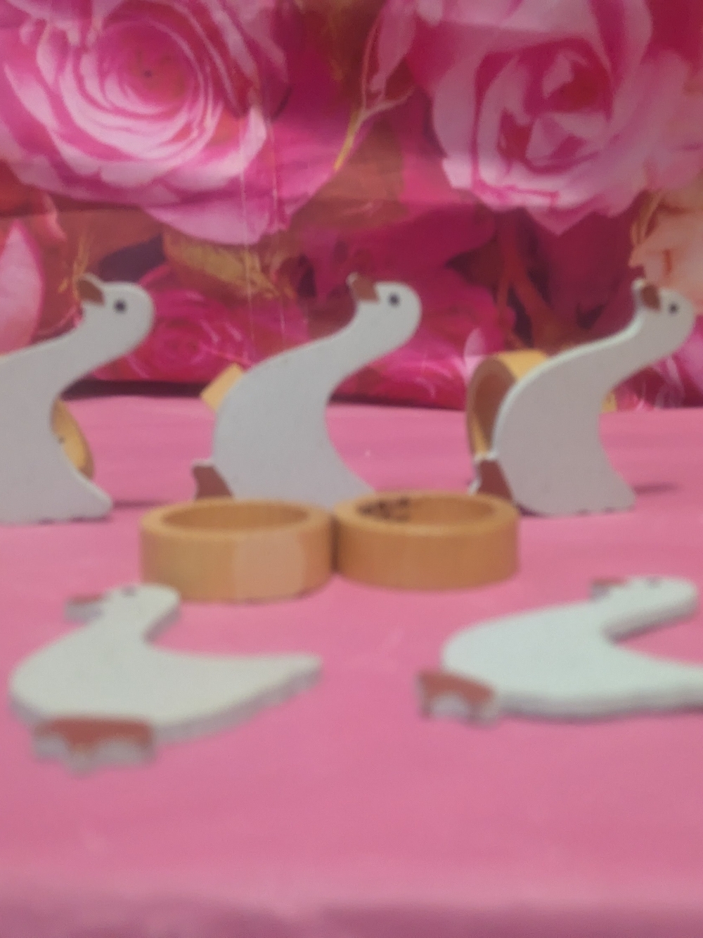 Wooden Duck Napkin Rings with Pink Accents Vintage  6pc